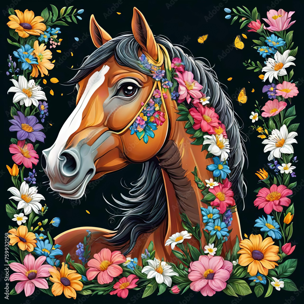 Close-Up Horse Portrait with Floral Sticker on Dark Background Gen AI