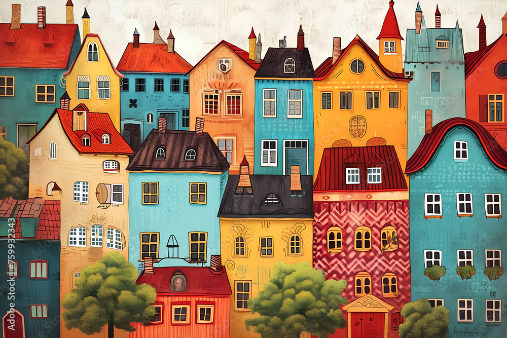 Folk art illustration with Scandinavian houses