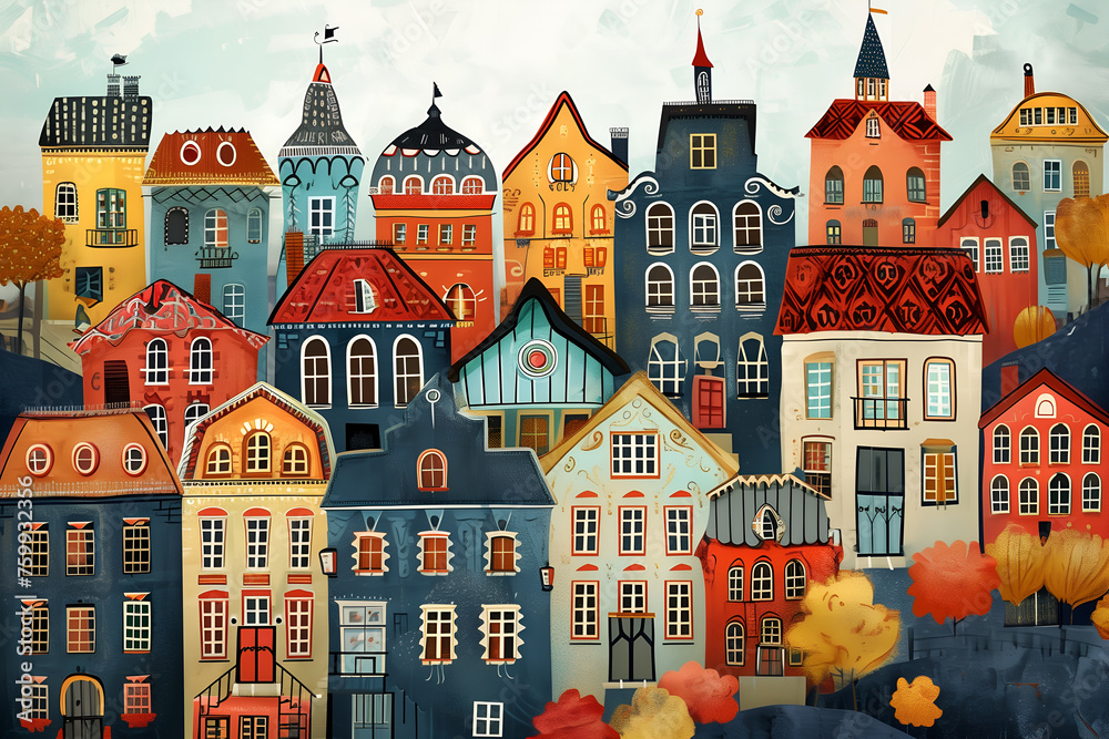 Folk art illustration with Scandinavian houses