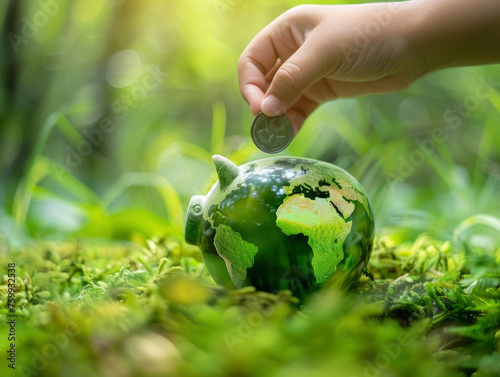 A child is putting a coin into a green piggy bank. The piggy bank is shaped like the Earth and has a globe on it. Concept of saving money and taking care of the environment