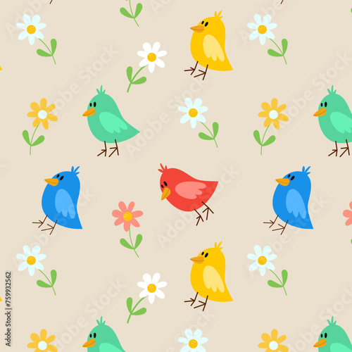  Cute pattern with bird and flowers. Hand draw nature vector pattern