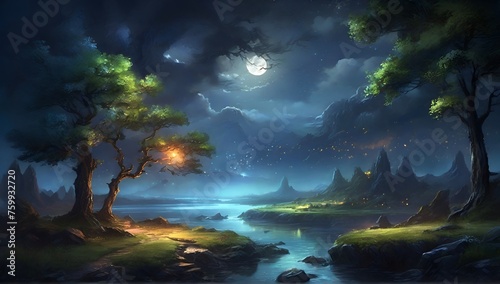 landscape of rivers and mountains at night in a fantasy world. © dimas