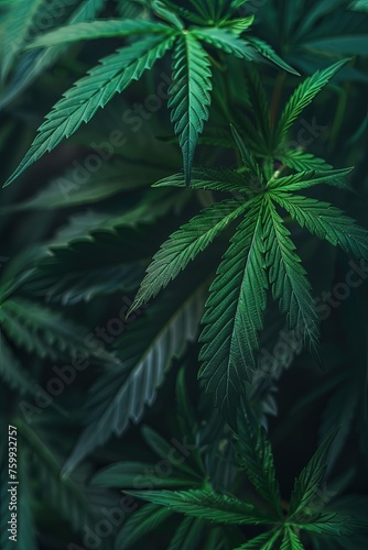 Leaves of marijuana on a dark background. Dark allure: marijuana leaves.