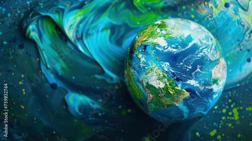 A painting of a blue and green planet with a splash of green paint on it. The painting is abstract and has a mood of chaos and disorder