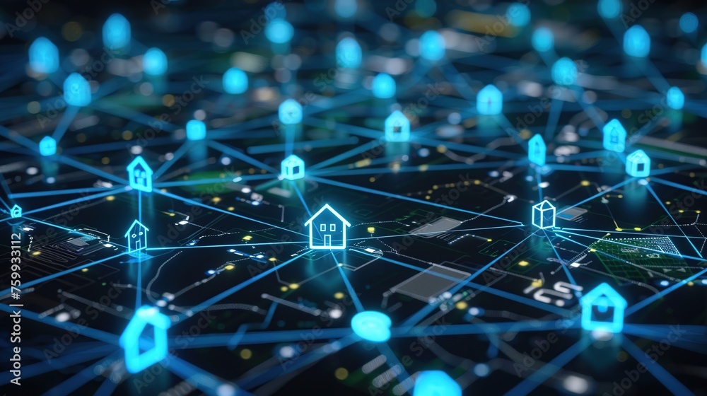 A futuristic visualization of the Internet of Things (IoT) with glowing blue house icons on a digital grid, depicting connected smart home technology and urban networking A futuristic visualization of the Internet of Things (IoT) with glowing blue house icons on a digital grid, depicting connected smart home technology and urban networking