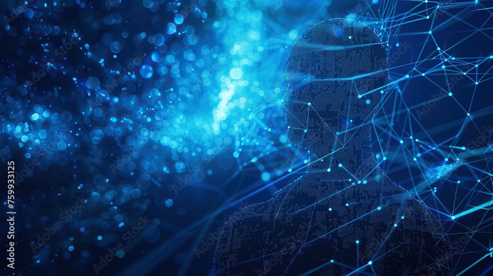 An abstract visualization of a secure digital network in blue tones, depicting a silhouette figure infused with glowing nodes and connections, illustrating the concept of cyber security An abstract visualization of a secure digital network in blue tones, depicting a silhouette figure infused with glowing nodes and connections, illustrating the concept of cyber security