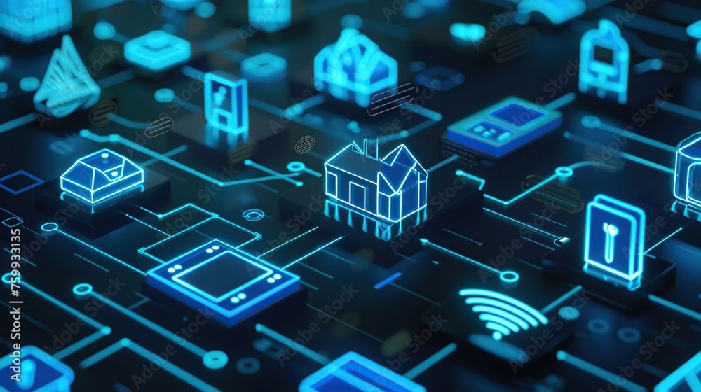 An imaginative display of a smart home ecosystem with connected device icons and data flow lines, symbolizing the Internet of Things (IoT) and home automation - obrazy, fototapety, plakaty 
