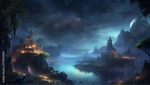 landscape of rivers and mountains at night in a fantasy world.
