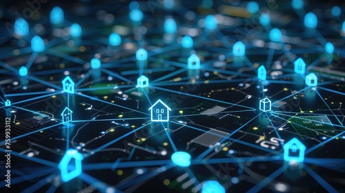 A futuristic visualization of the Internet of Things (IoT) with glowing blue house icons on a digital grid, depicting connected smart home technology and urban networking