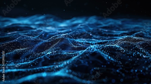 This image portrays a virtual ocean with undulating waves of blue light particles, capturing the essence of fluid data and the expanse of digital environments, ideal for themes of connectivity