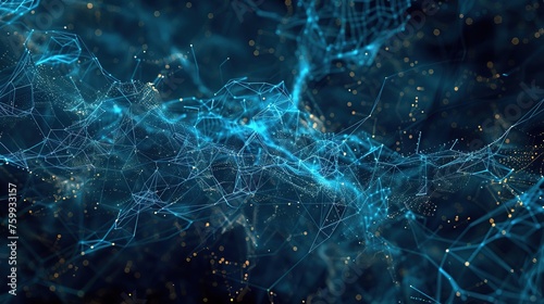 An abstract representation of a neural network with interconnected nodes and blue digital connections, ideal for concepts of deep learning, artificial intelligence, and complex algorithms,