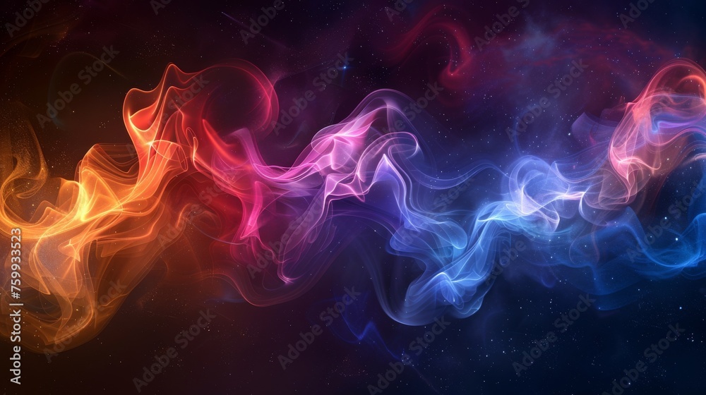 Dynamic 3D smoke patterns in rainbow colors, weaving through the darkness to create a nebula effect