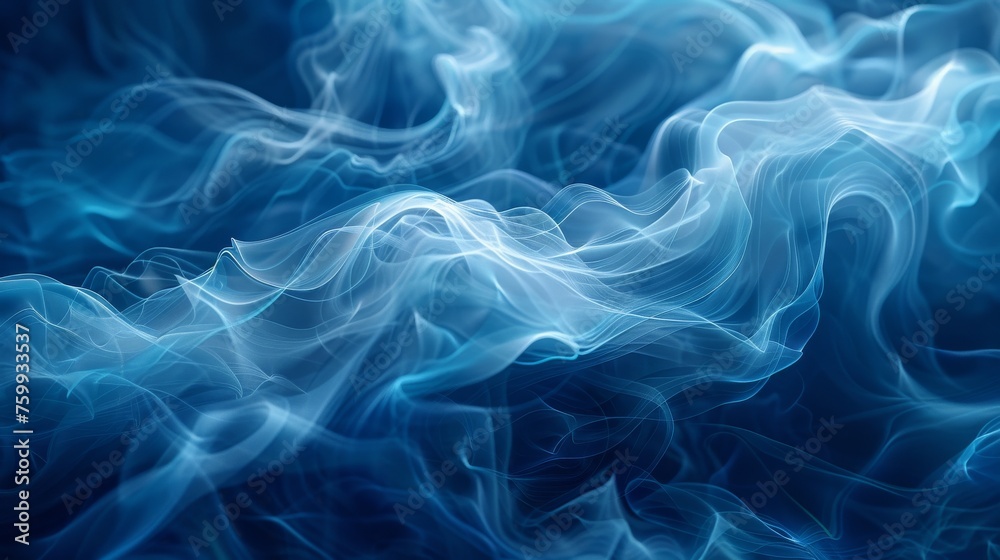 Abstract 3D-rendered smoke patterns, simulating the flow of underwater currents, in deep sea blues