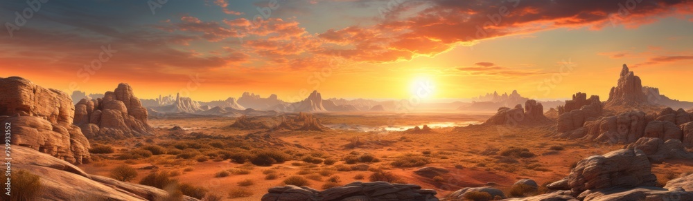 panoramic view of a vast desert landscape at sunrise