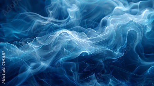 Abstract 3D-rendered smoke patterns, simulating the flow of underwater currents, in deep sea blues