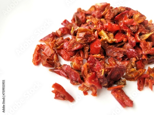 Dried red paprika on white background.