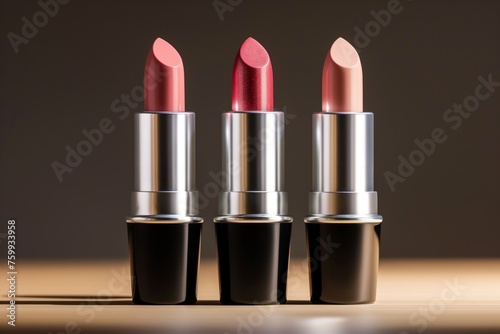 Three pastel pink lipsticks in tubes against beige background in sunlight