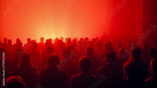 A crowd immersed in the glow of red stage lights, sharing a moment of anticipation and engagement.