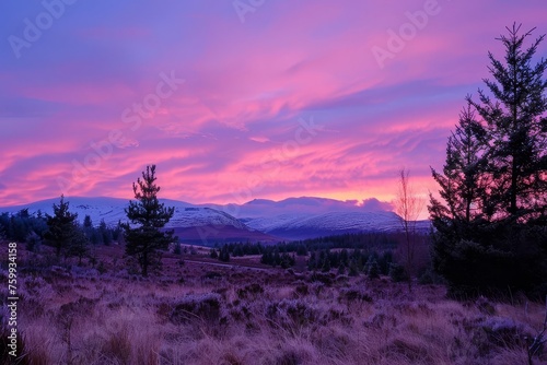 Twilight embrace in the highlands The sky painted with hues of pink and purple