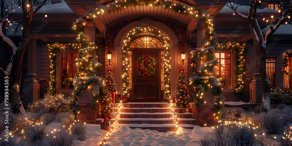 Merry Christmas House Photo, Festive New Year Winter Garden with Christmas Decorations 3D Illustration

