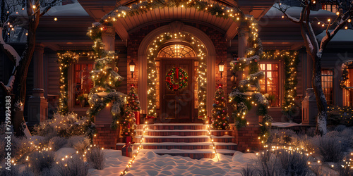 Merry Christmas House Photo, Festive New Year Winter Garden with Christmas Decorations 3D Illustration