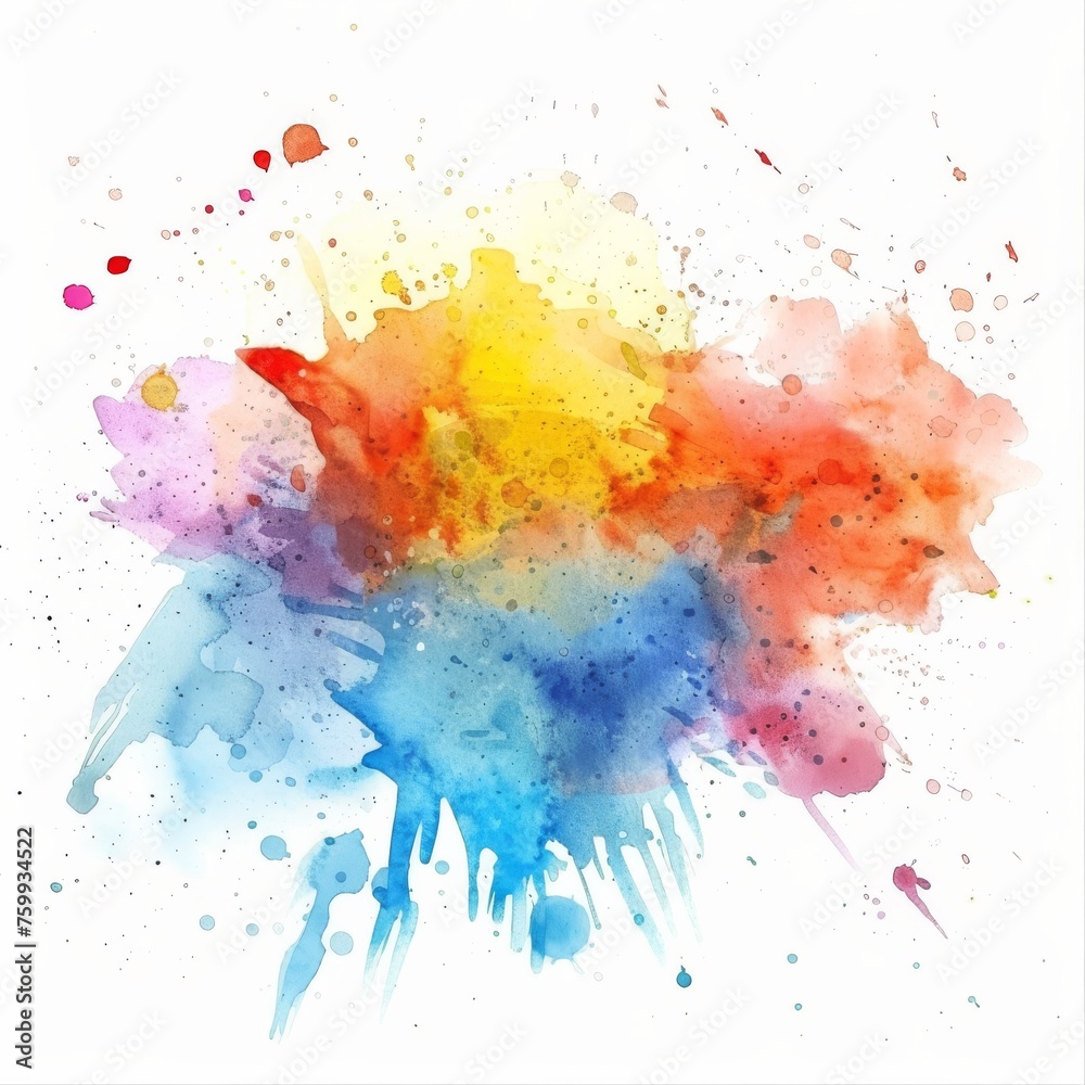 Splashes of watercolor in a harmonious clash of blue, red, and yellow hues, depicting a spirited dance of colors on white.