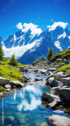 mountain landscape with lake with the river. A stream against the background of mountains.