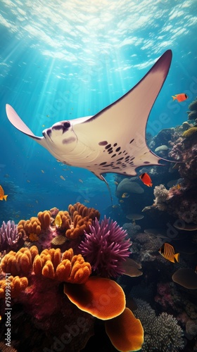 A swimming fish on a coral background. Fish in the ocean. Close-up.