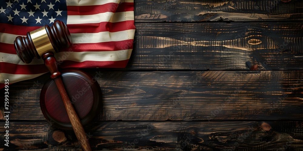 Representation of the Rule of Law: Judges Gavel, American Flag, and Justice Theme. Concept Rule of Law, Judges Gavel, American Flag, Justice Theme, Legal Symbolism - obrazy, fototapety, plakaty 