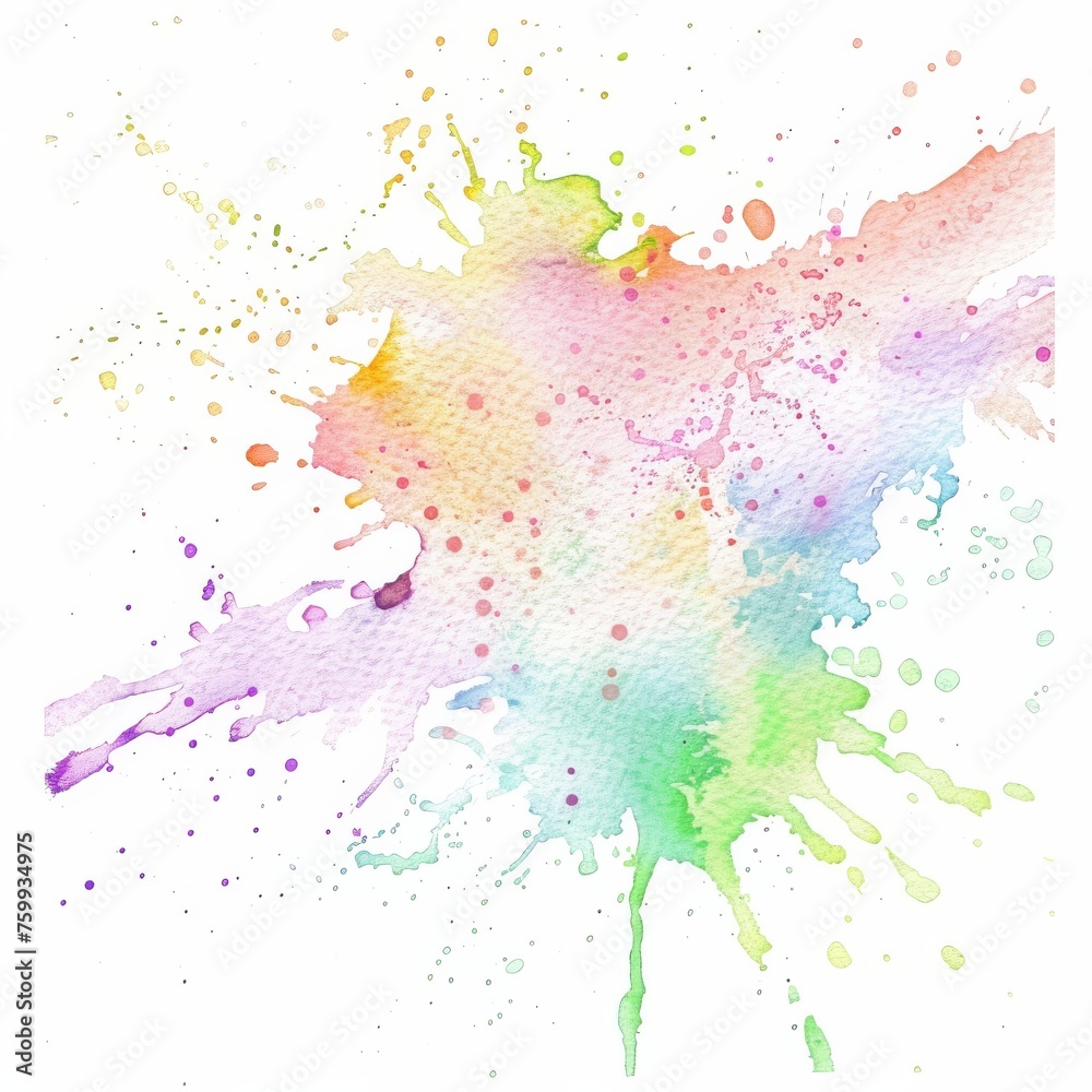 Watercolor splash radiating a spectrum of pastel rainbow colors, symbolizing joy and artistic freedom on a clean white backdrop.