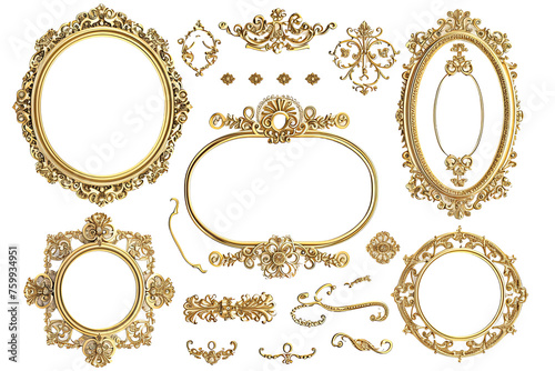 Set of Golden luxury border frame design on transparent background or Decorative vintage floral ornament frames photo