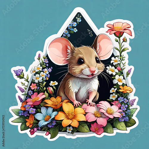 Close-Up Mouse with Floral Sticker on White Background Gen AI photo