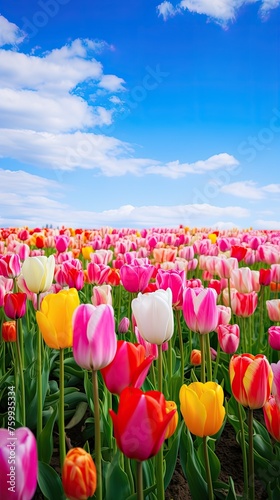 Photography landscape of a field with tulips. Many tulips red, white, orange, pink, white and pink against the blue sky