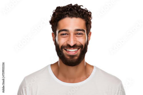 Handsome young man from the Middle East, smiling, long face, prominent nose, beard, brown skin, isolated on transparent background.
