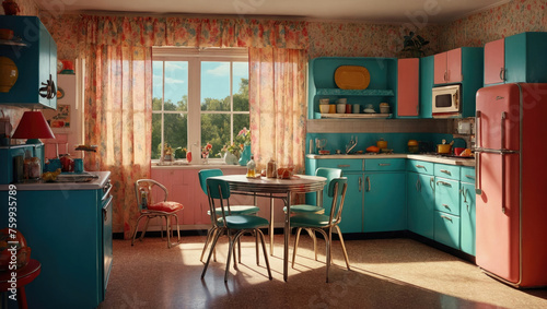 vintage American kitchen in the 60s style in pastel colors with all appliances