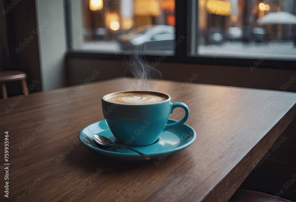 Fototapeta premium cup of hot coffee and tea on wood table besides window