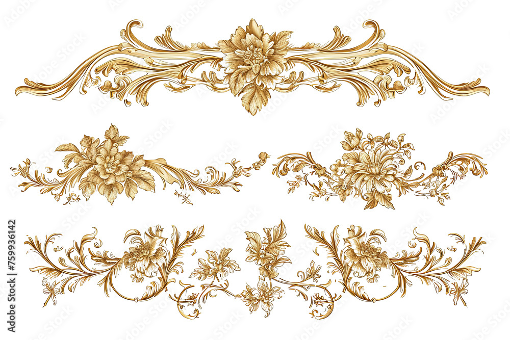 Set of Golden luxury border frame design on transparent background or Decorative vintage floral ornament frames - obrazy, fototapety, plakaty 