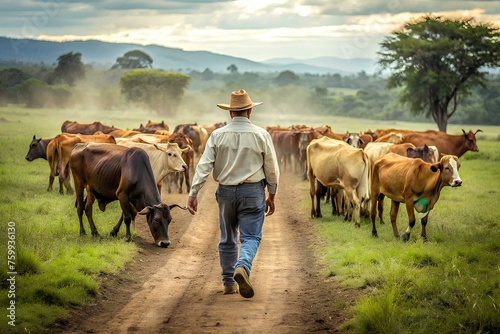 Farmer herding cattle. Cows photo