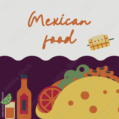 Flat mexican food illustration background with food icons
