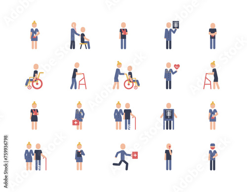 Medical, healthcare and rehabilitation activities set. Color pictograms characters.