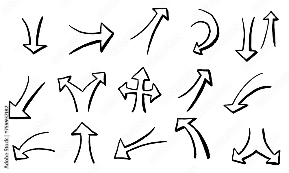 Set of different hand drawn vector arrows.