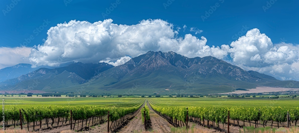 Naklejka premium Serene vineyard landscape with grapevines and mountain backdrop for sky text placement