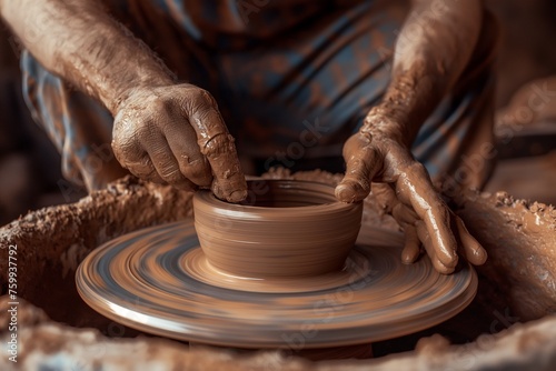 A ceramist sculpts a clay pot on a potter wheel closeup, a potter sculpts a clay pot, ceramist closeup 