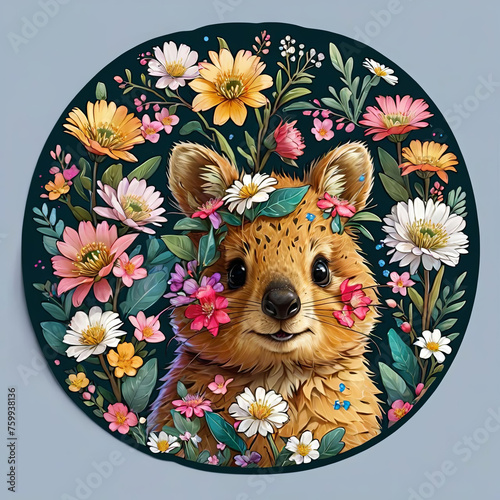 Close-Up Quokka with Floral Sticker on Dark Background Gen AI photo