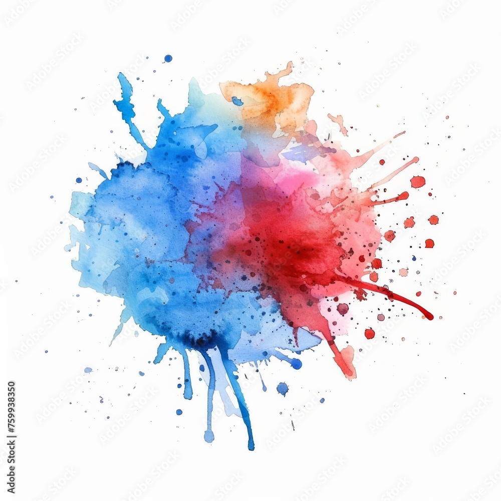 A vivid watercolor burst blending blue, red, and yellow hues, symbolizing creativity and dynamic artistry on a white backdrop.
