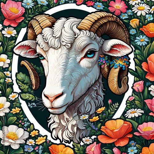 Close-Up Ram Portrait with Floral Sticker on Dark Background Gen AI photo