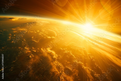 Inspiring view of sunrise as seen from Earth's orbit in space. This image captures the breathtaking spectacle of the sun's golden rays illuminating the curvature of our planet.