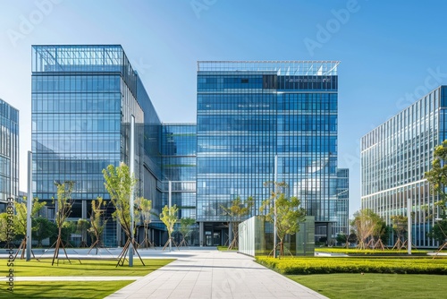 Office building with glass facades, set in the modern city center on a sunny day