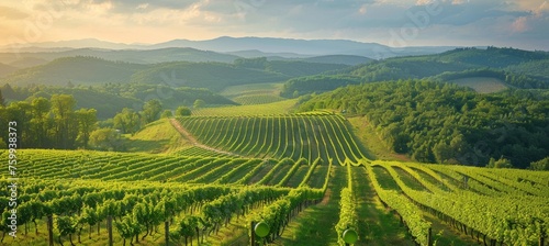 Tranquil vineyard scene with grapevines, mountains, and ideal sky for text placement