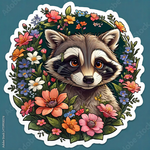 Detailed Raccoon Portrait with Floral Sticker on Dark Background Gen AI photo